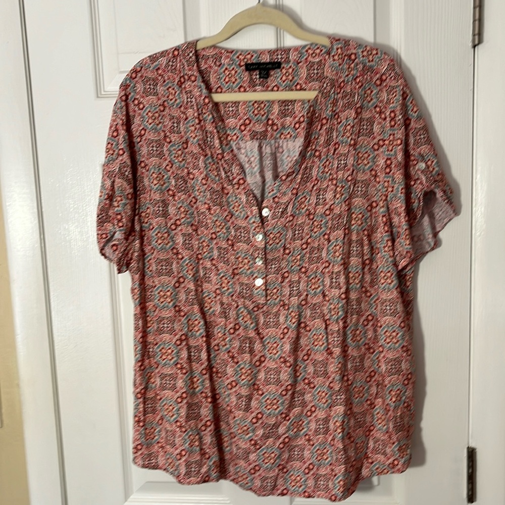 Sarah Michelle woman’s boho top 1/4 button neck rayon shirt cap sleeve sz 3X